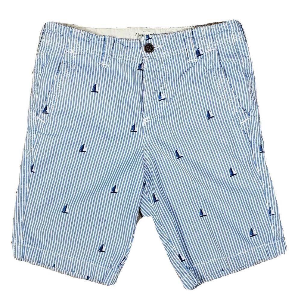 Abercrombie Fitch Stripe Button Fly Mens Chino Shorts Sailboats Sz 28 (Defect)